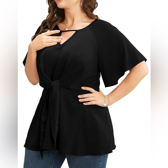 BloomChic Plus Size 2XL Plain Keyhole Knotted Front Ruffle Sleeve Blouse us18-20 - Picture 4 of 5